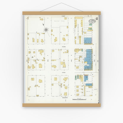 Old map wall art mockup — magnetic wood frame on white wall — Sanborn Fire Insurance Map from Clifton, Bosque County, Texas (1905), Sheet #0002