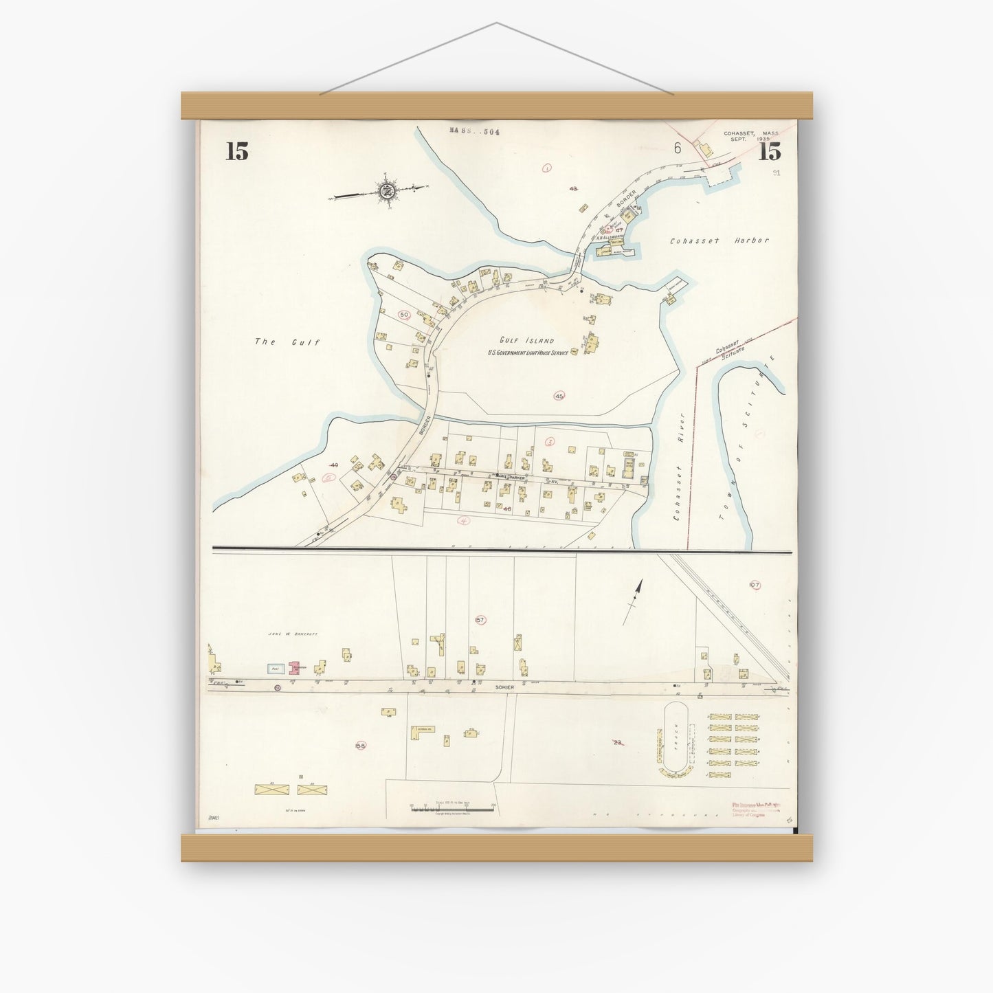 Old map wall art mockup — magnetic wood frame on white wall — Sanborn Fire Insurance Map from Cohasset, Norfolk County, Massachusetts (1940), Sheet #0015
