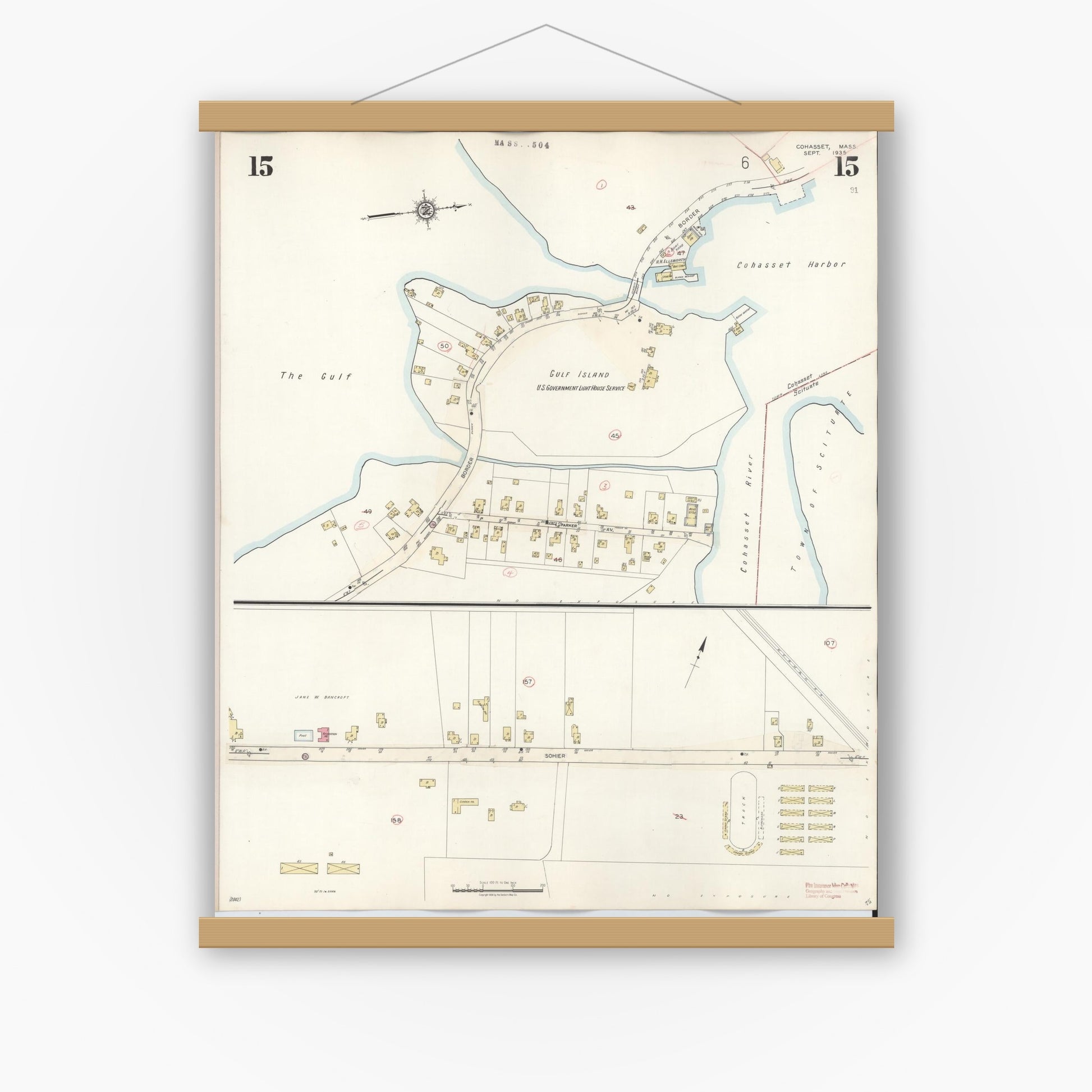 Old map wall art mockup — magnetic wood frame on white wall — Sanborn Fire Insurance Map from Cohasset, Norfolk County, Massachusetts (1940), Sheet #0015