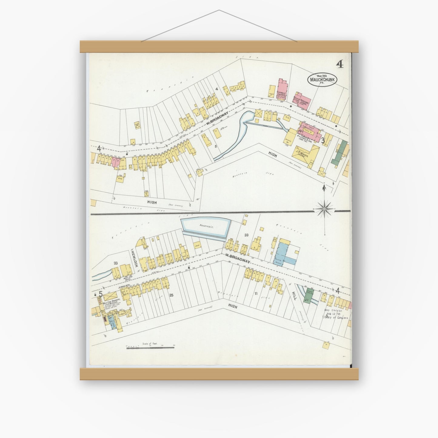 Old map wall art mockup — magnetic wood frame on white wall — Sanborn Fire Insurance Map from Mauch Chunk, Carbon County, Pennsylvania (1902), Sheet #0004