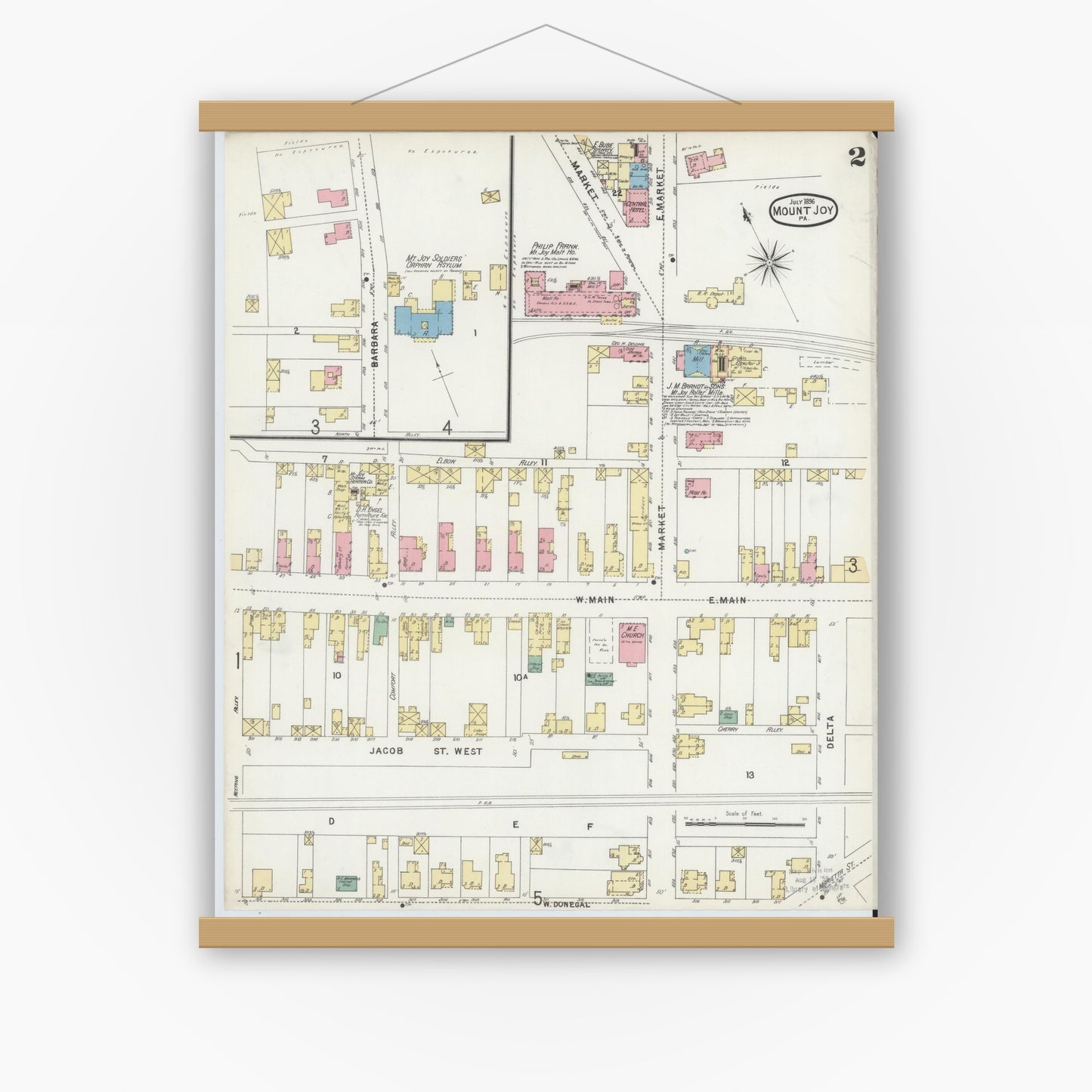 Old map wall art mockup — magnetic wood frame on white wall — Sanborn Fire Insurance Map from Mount Joy, Lancaster County, Pennsylvania (1896), Sheet #0002