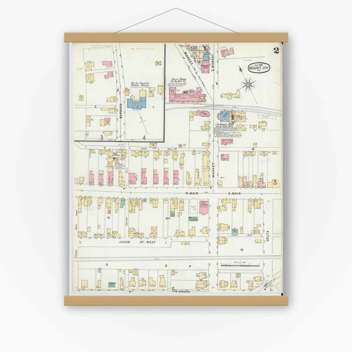 Old map wall art mockup — magnetic wood frame on white wall — Sanborn Fire Insurance Map from Mount Joy, Lancaster County, Pennsylvania (1896), Sheet #0002