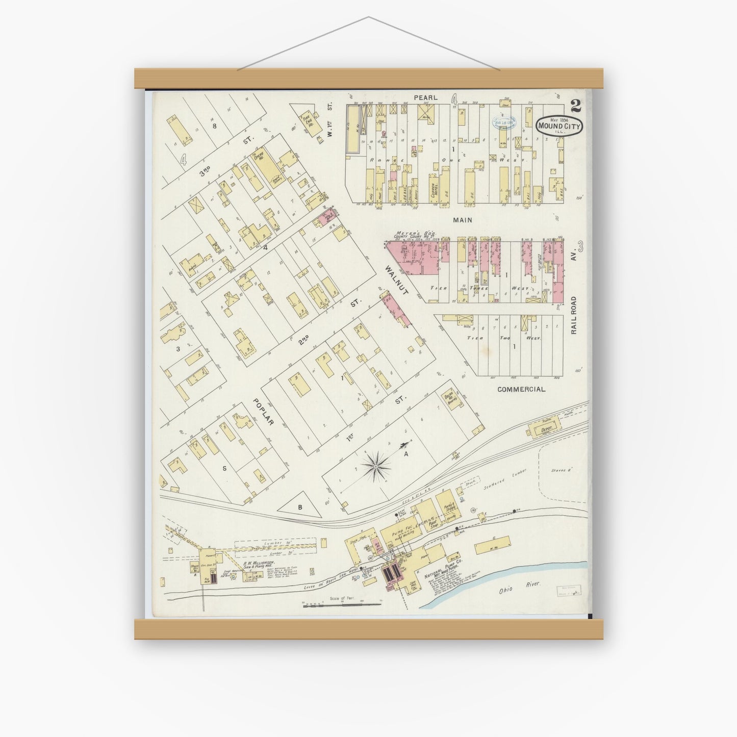 Old map wall art mockup — magnetic wood frame on white wall — Sanborn Fire Insurance Map from Mound City, Pulaski County, Illinois (1894), Sheet #0002