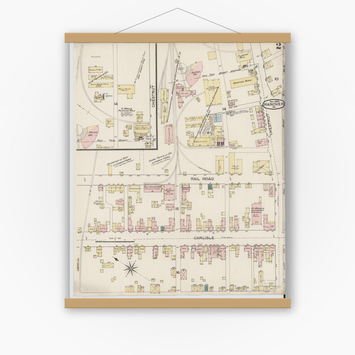 Old map wall art mockup — magnetic wood frame on white wall — Sanborn Fire Insurance Map from Hanover, York County, Pennsylvania (1886), Sheet #0002