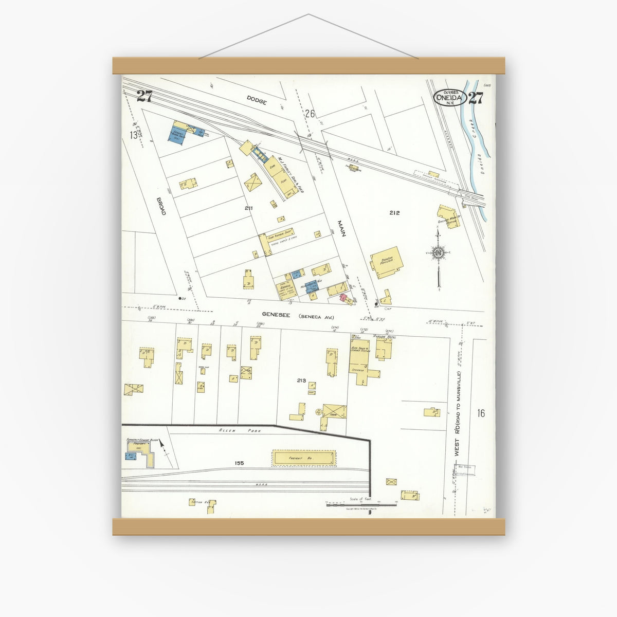 Old map wall art mockup — magnetic wood frame on white wall — Sanborn Fire Insurance Map from Oneida, Madison County, New York (1923), Sheet #0027