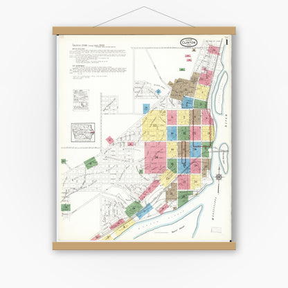 Old map wall art mockup — magnetic wood frame on white wall — Sanborn Fire Insurance Map from Clinton, Clinton County, Iowa (1917) â€” Complete Set