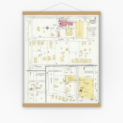 Old map wall art mockup — magnetic wood frame on white wall — Sanborn Fire Insurance Map from Tyler, Smith County, Texas (1919), Sheet #0005