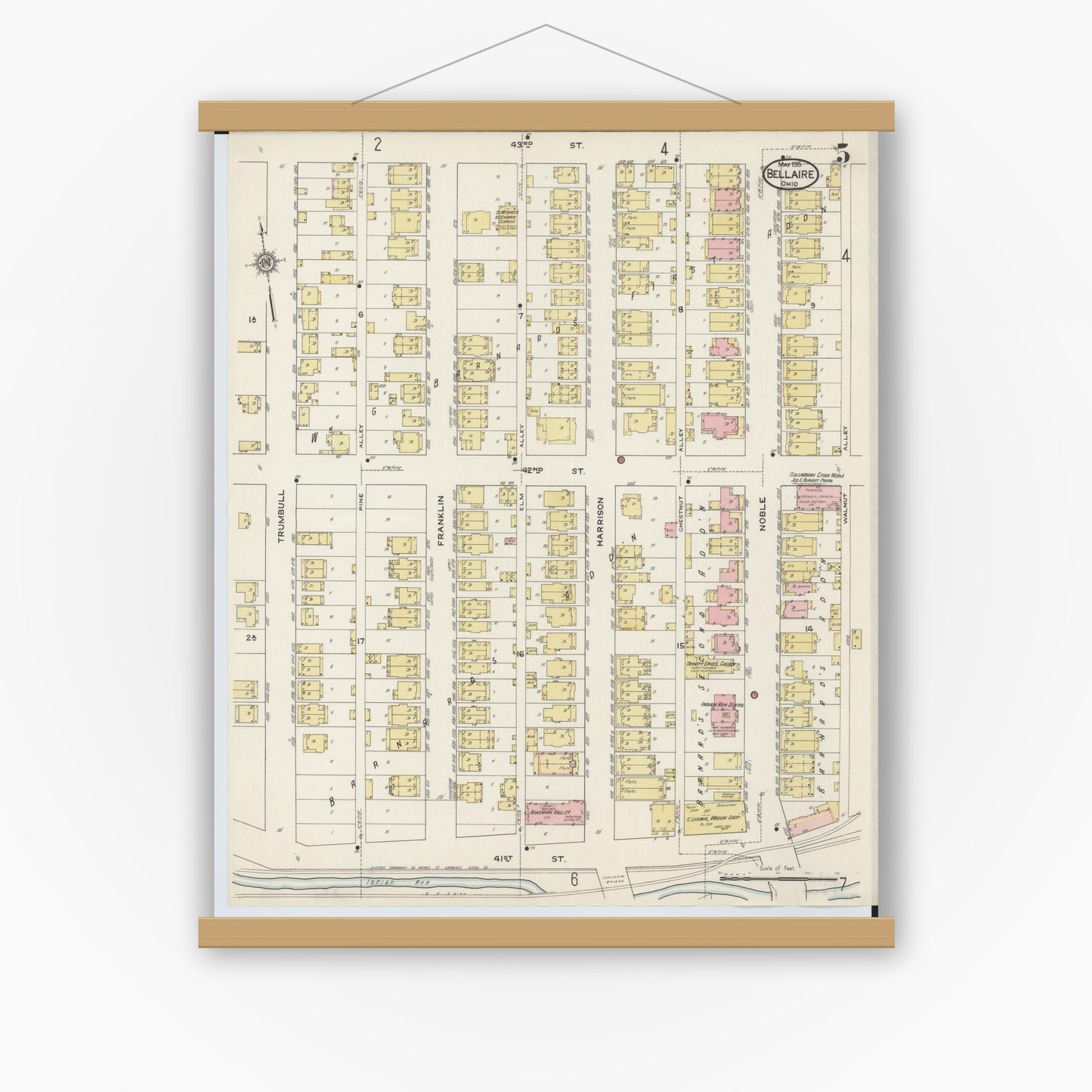 Old map wall art mockup — magnetic wood frame on white wall — Sanborn Fire Insurance Map from Bellaire, Belmont County, Ohio (1915), Sheet #0005