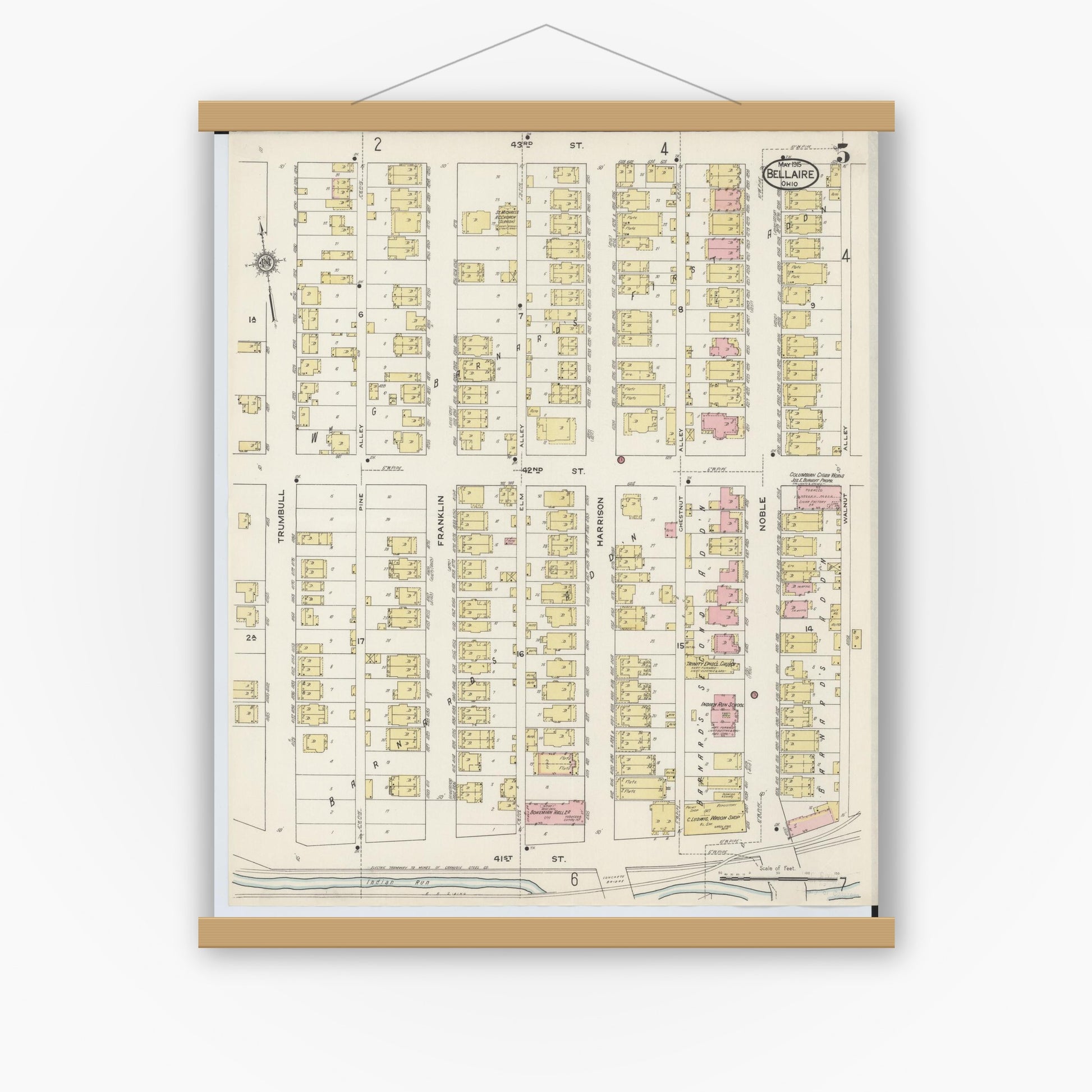 Old map wall art mockup — magnetic wood frame on white wall — Sanborn Fire Insurance Map from Bellaire, Belmont County, Ohio (1915), Sheet #0005