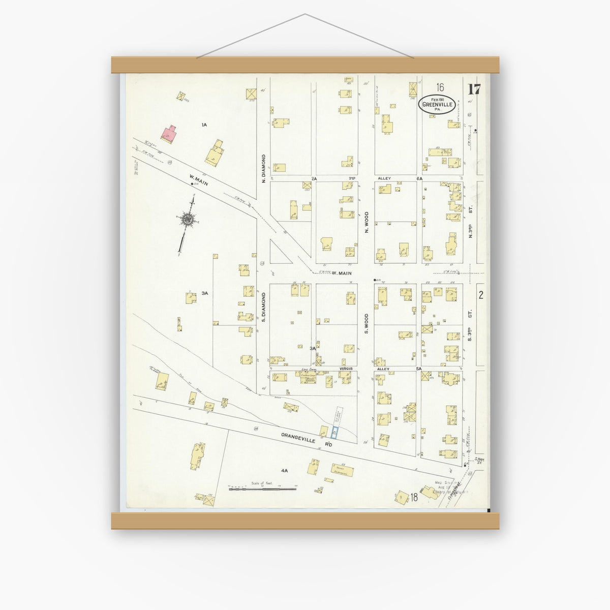 Old map wall art mockup — magnetic wood frame on white wall — Sanborn Fire Insurance Map from Greenville, Mercer County, Pennsylvania (1911), Sheet #0017
