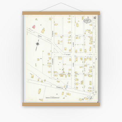 Old map wall art mockup — magnetic wood frame on white wall — Sanborn Fire Insurance Map from Greenville, Mercer County, Pennsylvania (1911), Sheet #0017