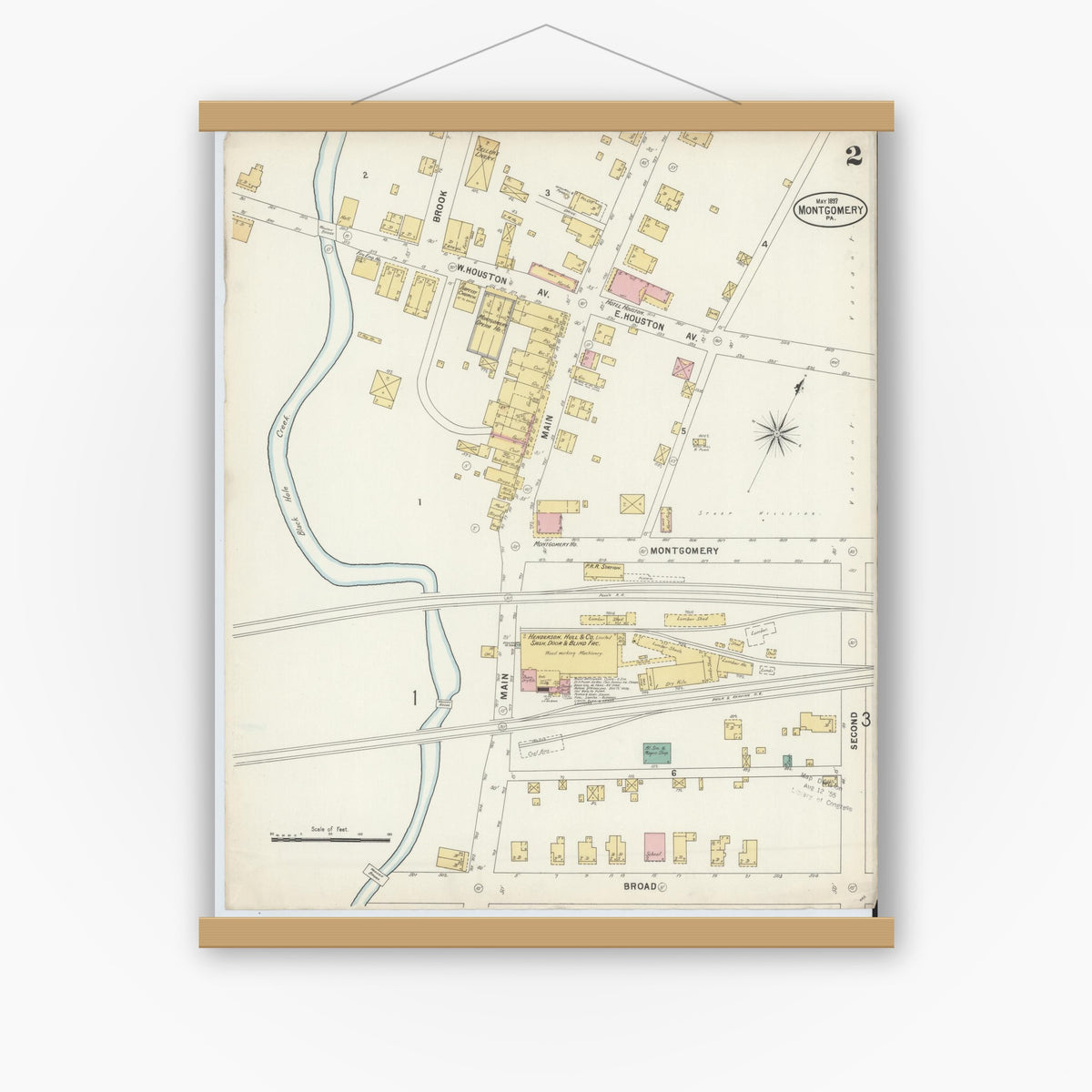 Old map wall art mockup — magnetic wood frame on white wall — Sanborn Fire Insurance Map from Montgomery, Lycoming County, Pennsylvania (1897), Sheet #0002