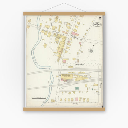 Old map wall art mockup — magnetic wood frame on white wall — Sanborn Fire Insurance Map from Montgomery, Lycoming County, Pennsylvania (1897), Sheet #0002