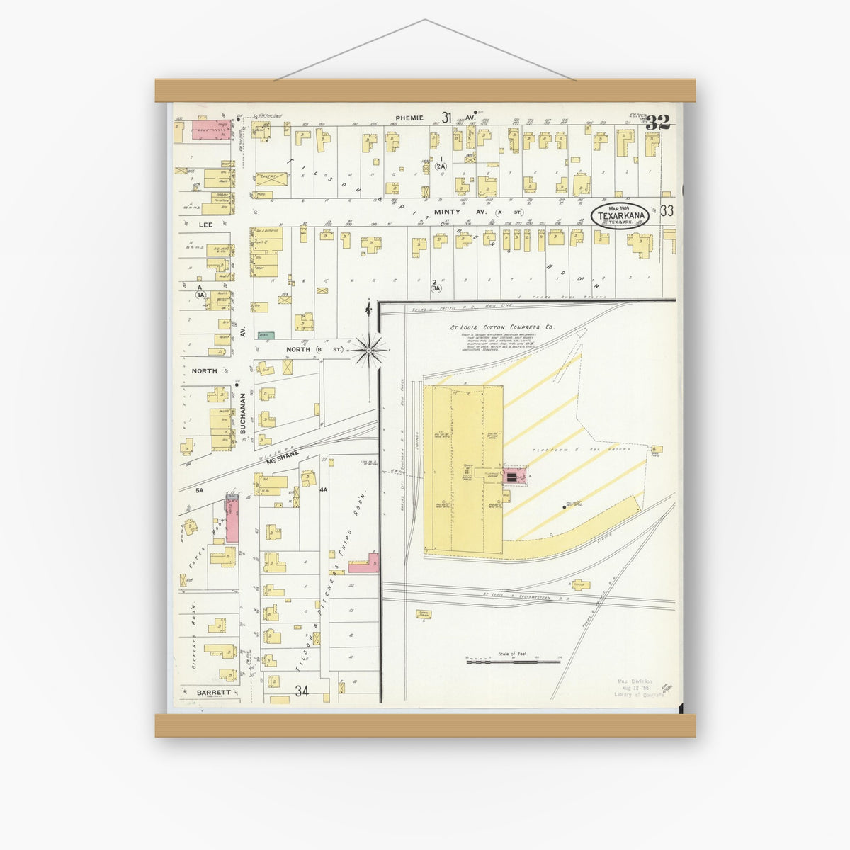 Old map wall art mockup — magnetic wood frame on white wall — Sanborn Fire Insurance Map from Texarkana, Bowie County, Texas (1909), Sheet #0032