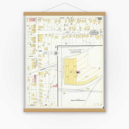 Old map wall art mockup — magnetic wood frame on white wall — Sanborn Fire Insurance Map from Texarkana, Bowie County, Texas (1909), Sheet #0032