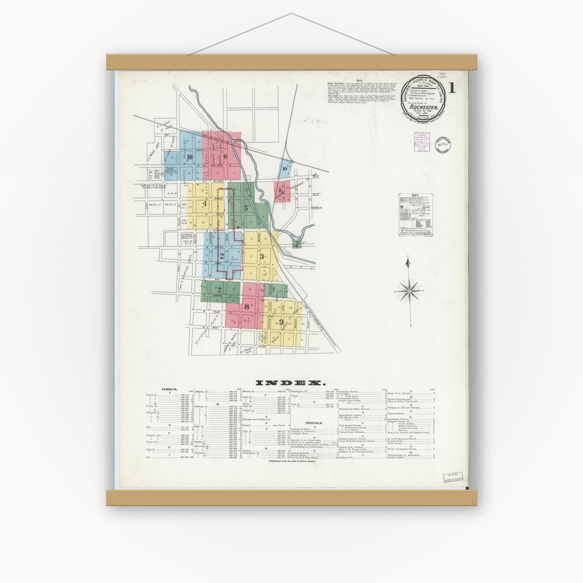Old map wall art mockup — magnetic wood frame on white wall — Sanborn Fire Insurance Map from Rochester, Fulton County, Indiana (1901) - Complete Map Set
