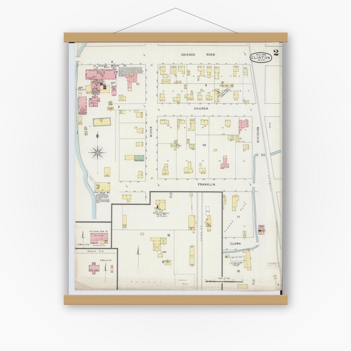 Old map wall art mockup — magnetic wood frame on white wall — Sanborn Fire Insurance Map from Clinton, Lenawee County, Michigan (1895), Sheet #0002
