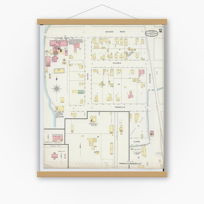 Old map wall art mockup — magnetic wood frame on white wall — Sanborn Fire Insurance Map from Clinton, Lenawee County, Michigan (1895), Sheet #0002