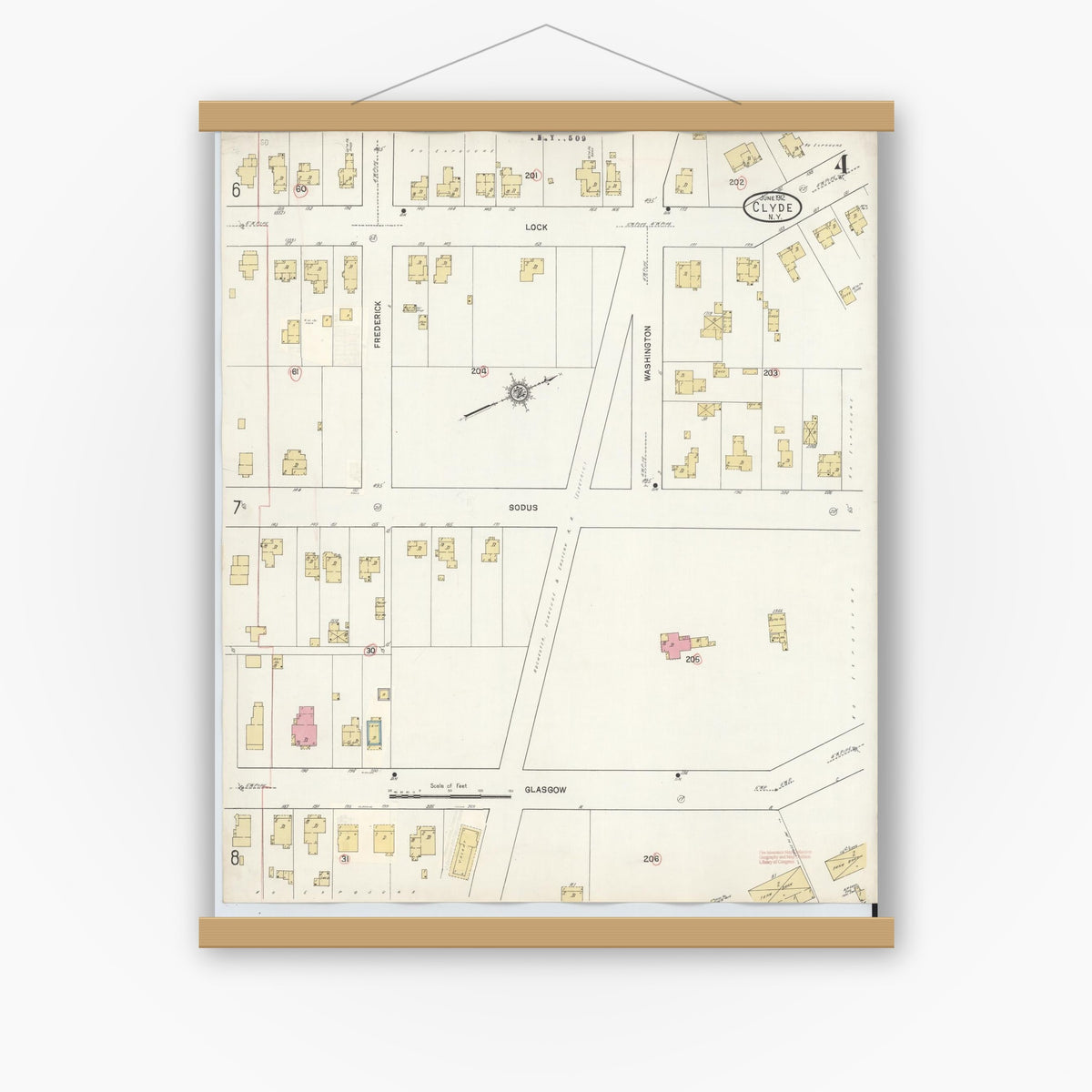 Old map wall art mockup — magnetic wood frame on white wall — Sanborn Fire Insurance Map from Clyde, Wayne County, New York (1932), Sheet #0004