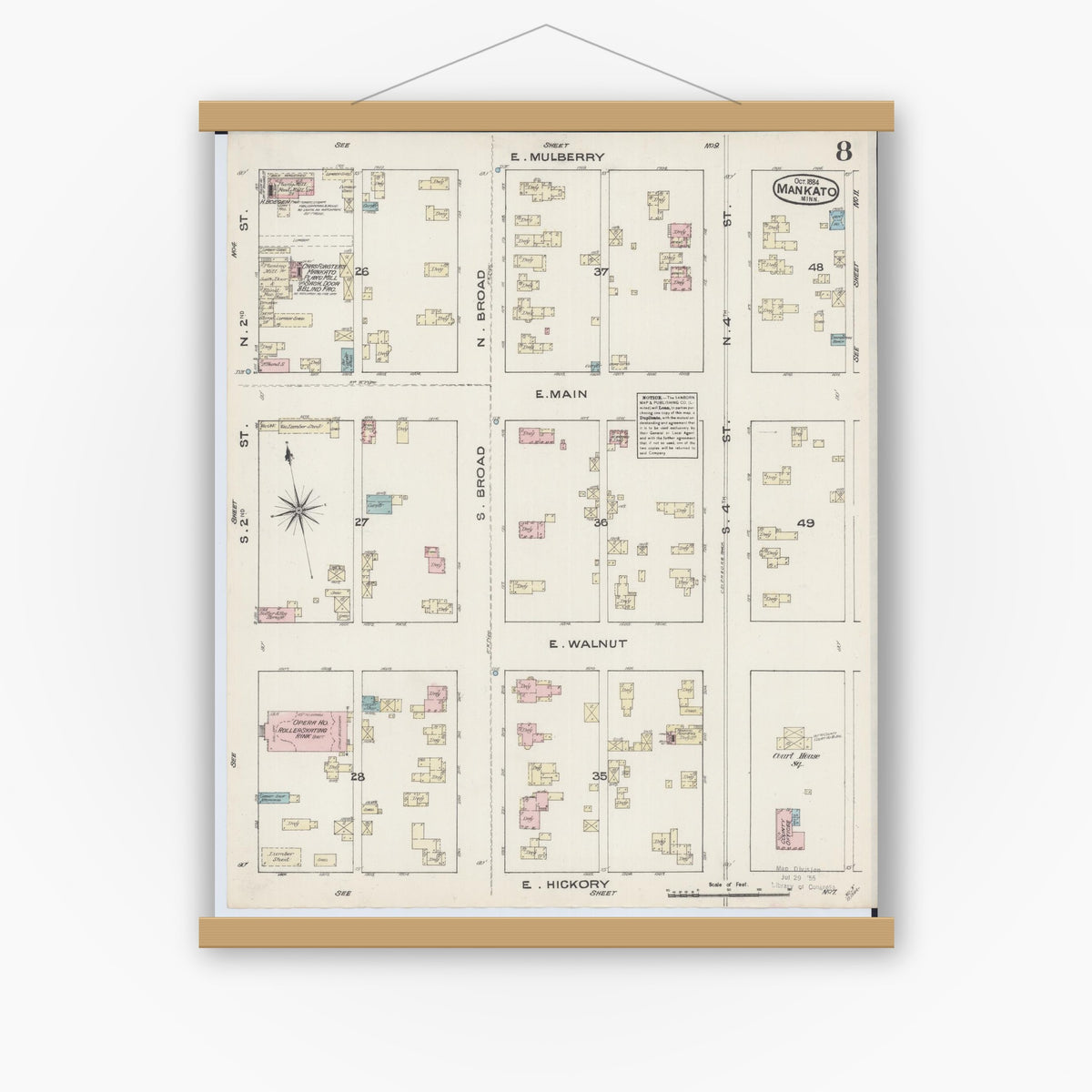 Old map wall art mockup — magnetic wood frame on white wall — Sanborn Fire Insurance Map from Mankato, Blue Earth County, Minnesota (1884), Sheet #0008