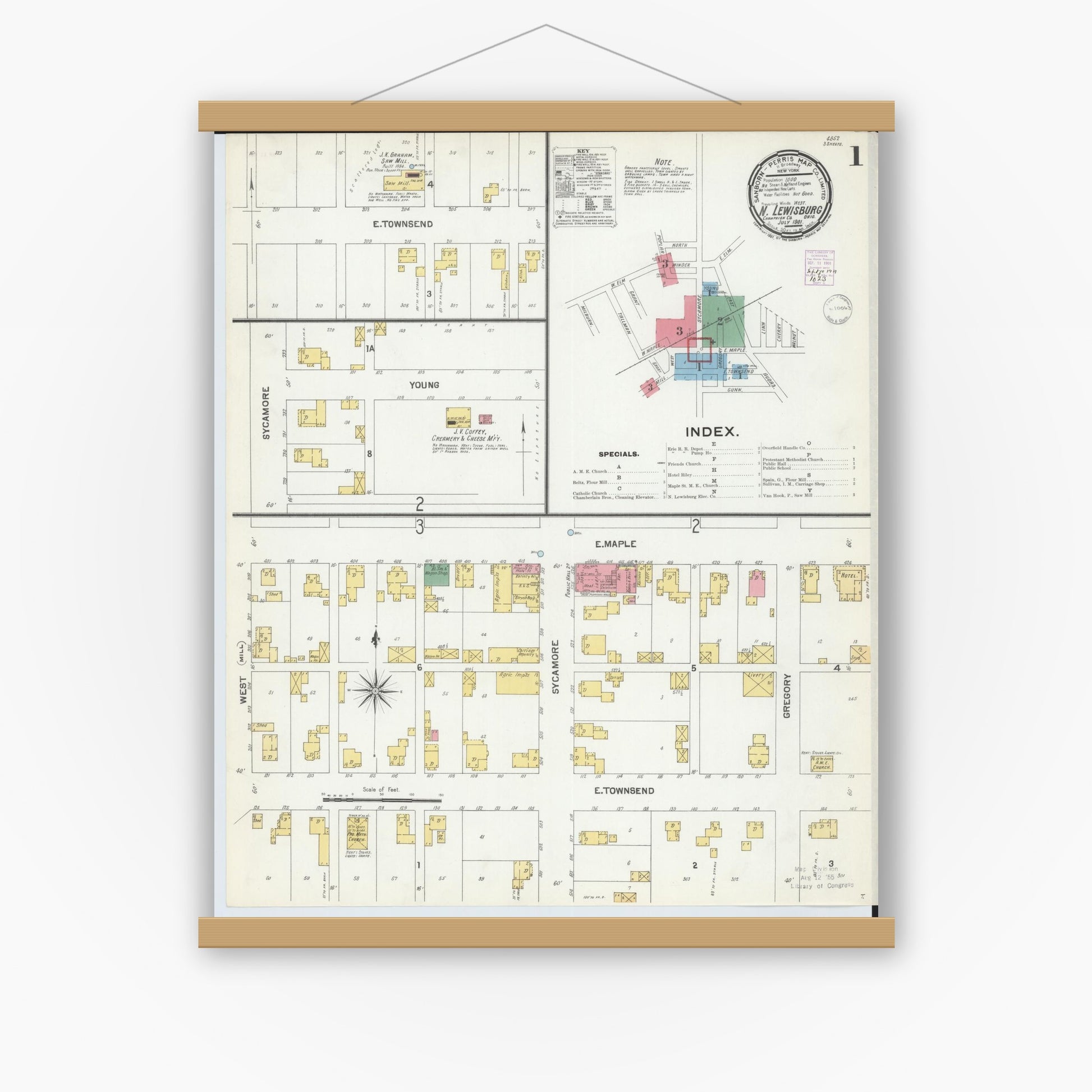 Old map wall art mockup — magnetic wood frame on white wall — Sanborn Fire Insurance Map from North Lewisburg, Champaign County, Ohio (1901) - Complete Map Set