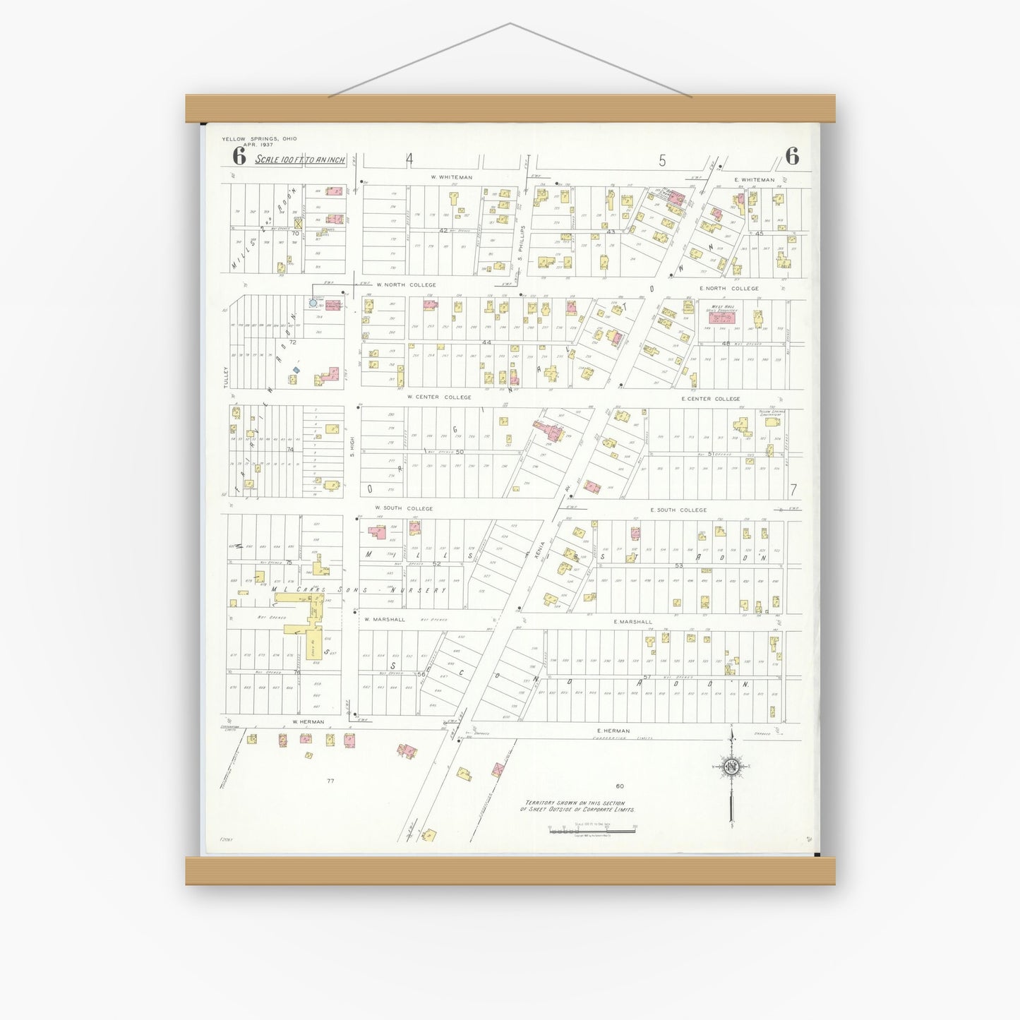 Old map wall art mockup — magnetic wood frame on white wall — Sanborn Fire Insurance Map from Yellow Springs, Greene County, Ohio (1937), Sheet #0006