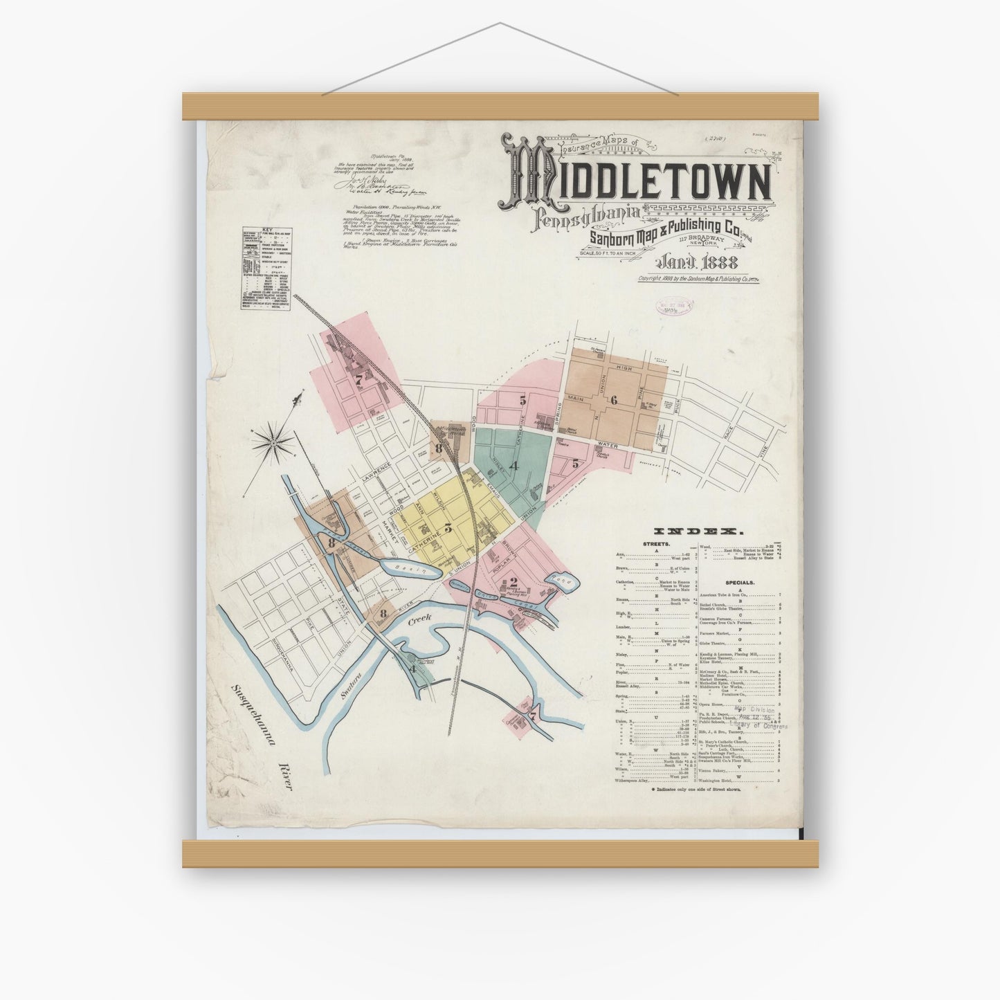 Old map wall art mockup — magnetic wood frame on white wall — Sanborn Fire Insurance Map from Middletown, Dauphin County, Pennsylvania (1888) - Complete Map Set