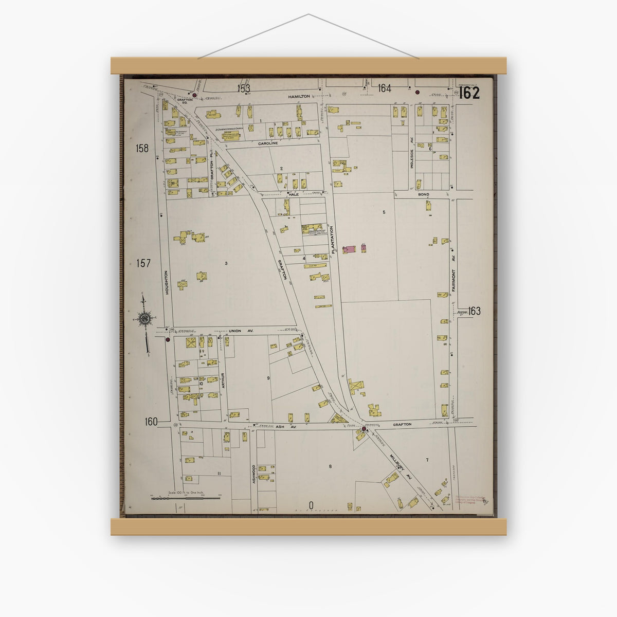 Old map wall art mockup — magnetic wood frame on white wall — Sanborn Fire Insurance Map from Worcester, Worcester County, Massachusetts (1910), Sheet #0162