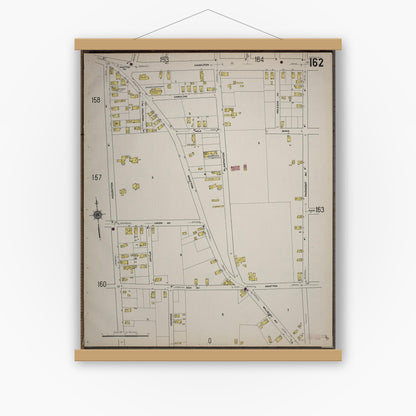 Old map wall art mockup — magnetic wood frame on white wall — Sanborn Fire Insurance Map from Worcester, Worcester County, Massachusetts (1910), Sheet #0162