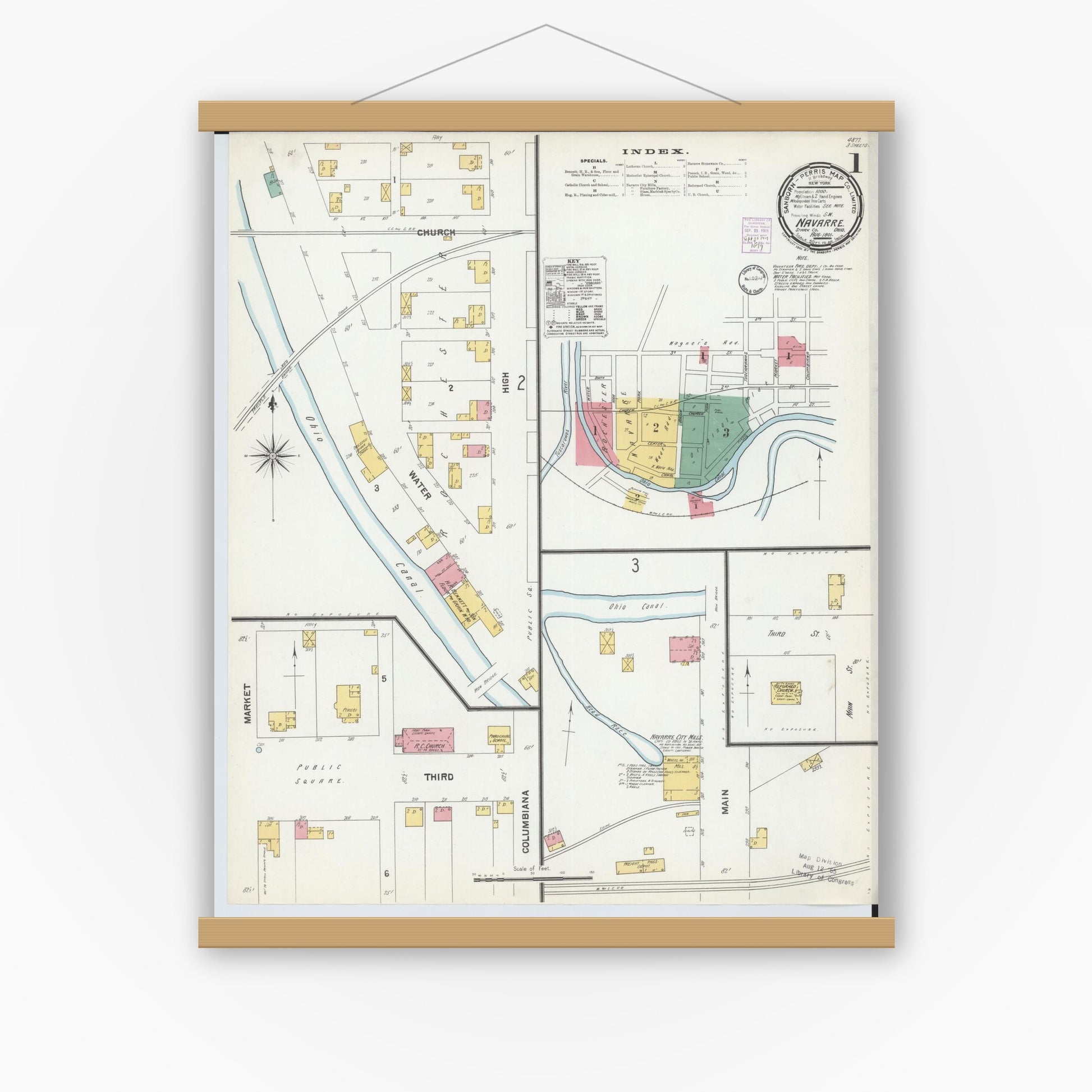 Old map wall art mockup — magnetic wood frame on white wall — Sanborn Fire Insurance Map from Navarre, Stark County, Ohio (1901), Sheet #0001