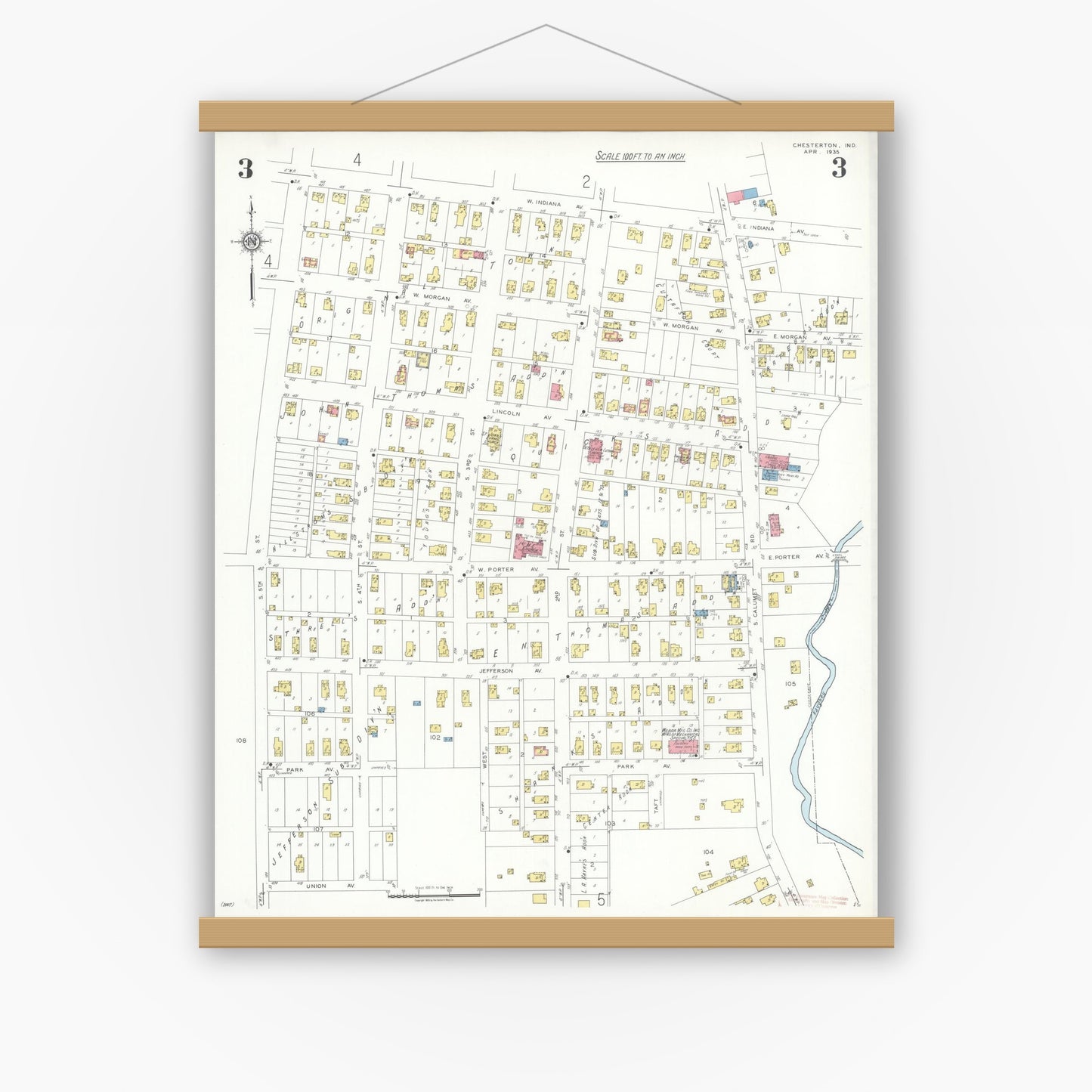 Old map wall art mockup — magnetic wood frame on white wall — Sanborn Fire Insurance Map from Chesterton, Porter County, Indiana (1935), Sheet #0003