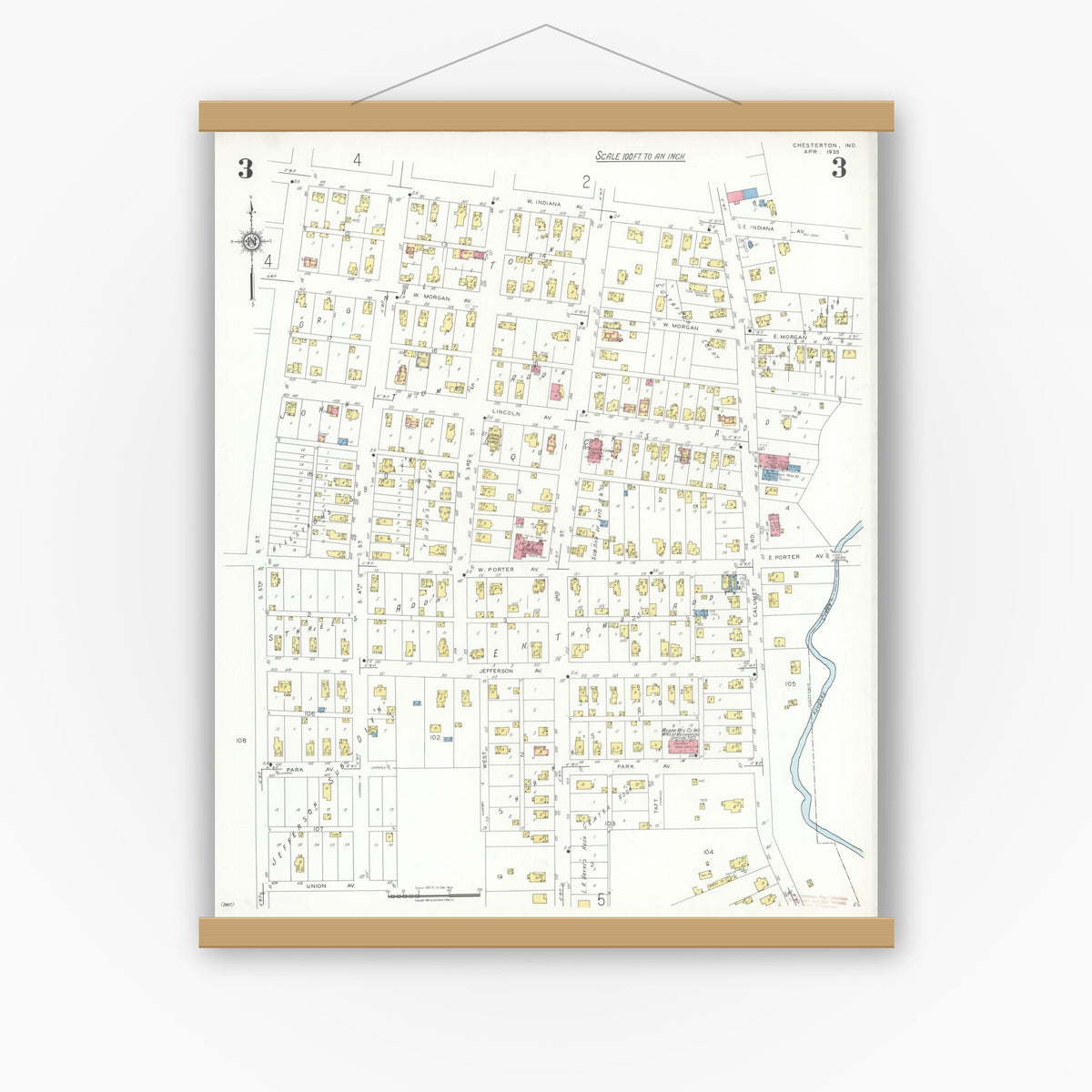 Old map wall art mockup — magnetic wood frame on white wall — Sanborn Fire Insurance Map from Chesterton, Porter County, Indiana (1935), Sheet #0003