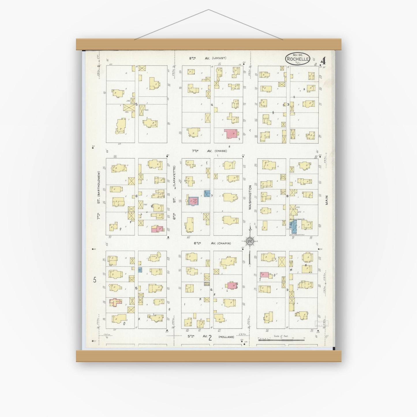 Old map wall art mockup — magnetic wood frame on white wall — Sanborn Fire Insurance Map from Rochelle, Ogle County, Illinois (1912), Sheet #0004