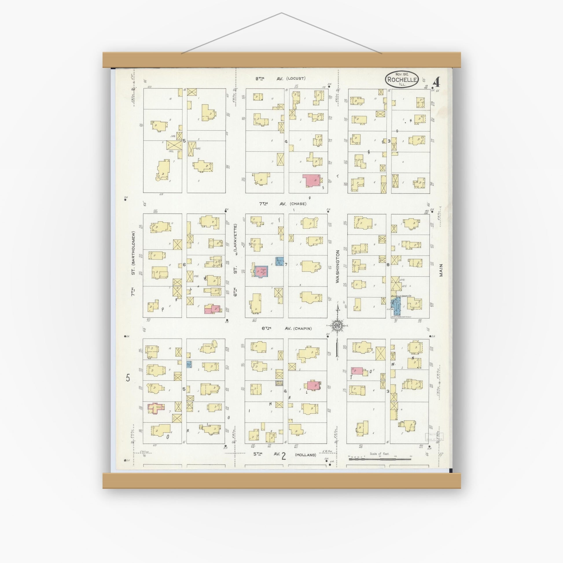 Old map wall art mockup — magnetic wood frame on white wall — Sanborn Fire Insurance Map from Rochelle, Ogle County, Illinois (1912), Sheet #0004