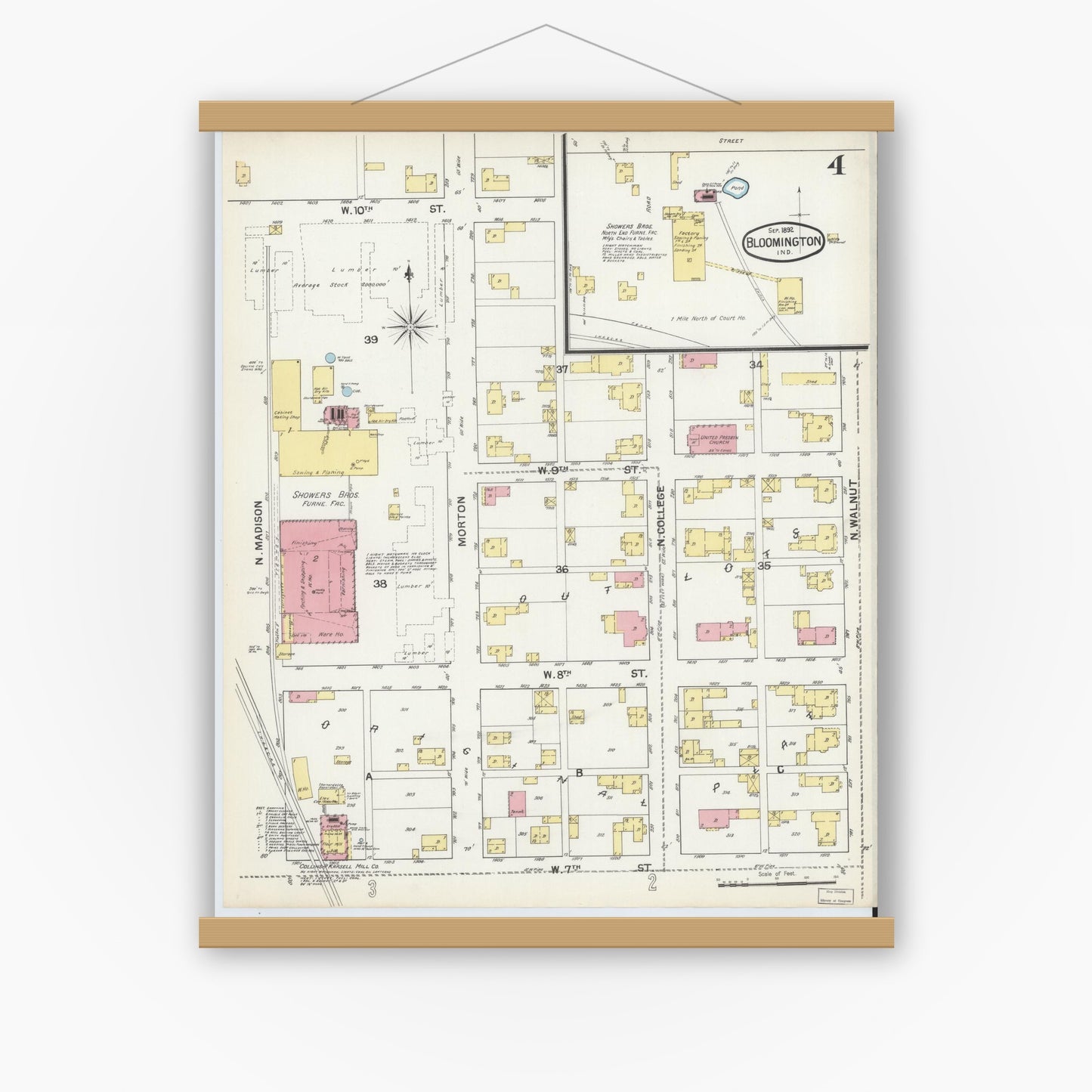Old map wall art mockup — magnetic wood frame on white wall — Sanborn Fire Insurance Map from Bloomington, Monroe County, Indiana (1892), Sheet #0004