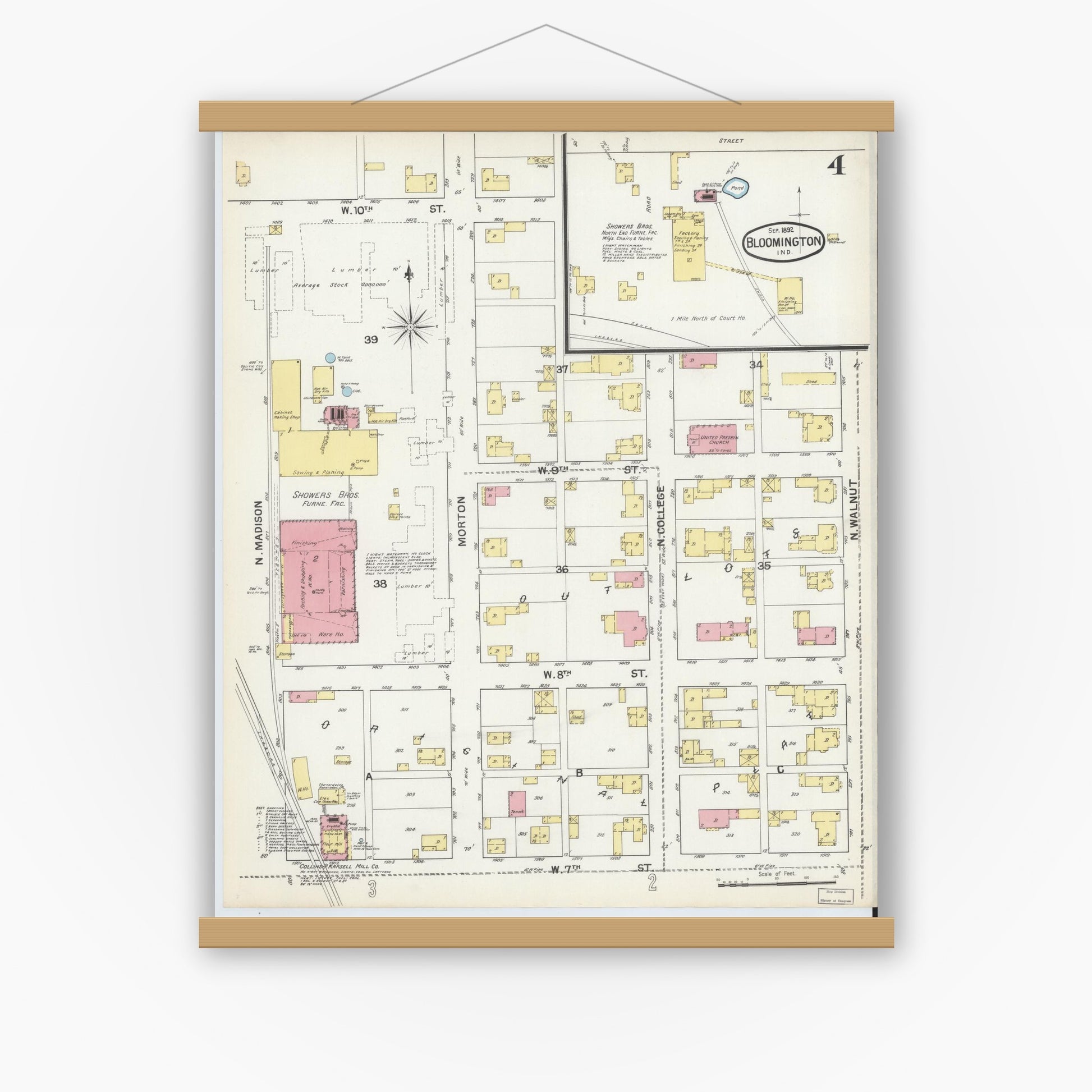 Old map wall art mockup — magnetic wood frame on white wall — Sanborn Fire Insurance Map from Bloomington, Monroe County, Indiana (1892), Sheet #0004