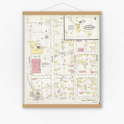 Old map wall art mockup — magnetic wood frame on white wall — Sanborn Fire Insurance Map from Bloomington, Monroe County, Indiana (1892), Sheet #0004