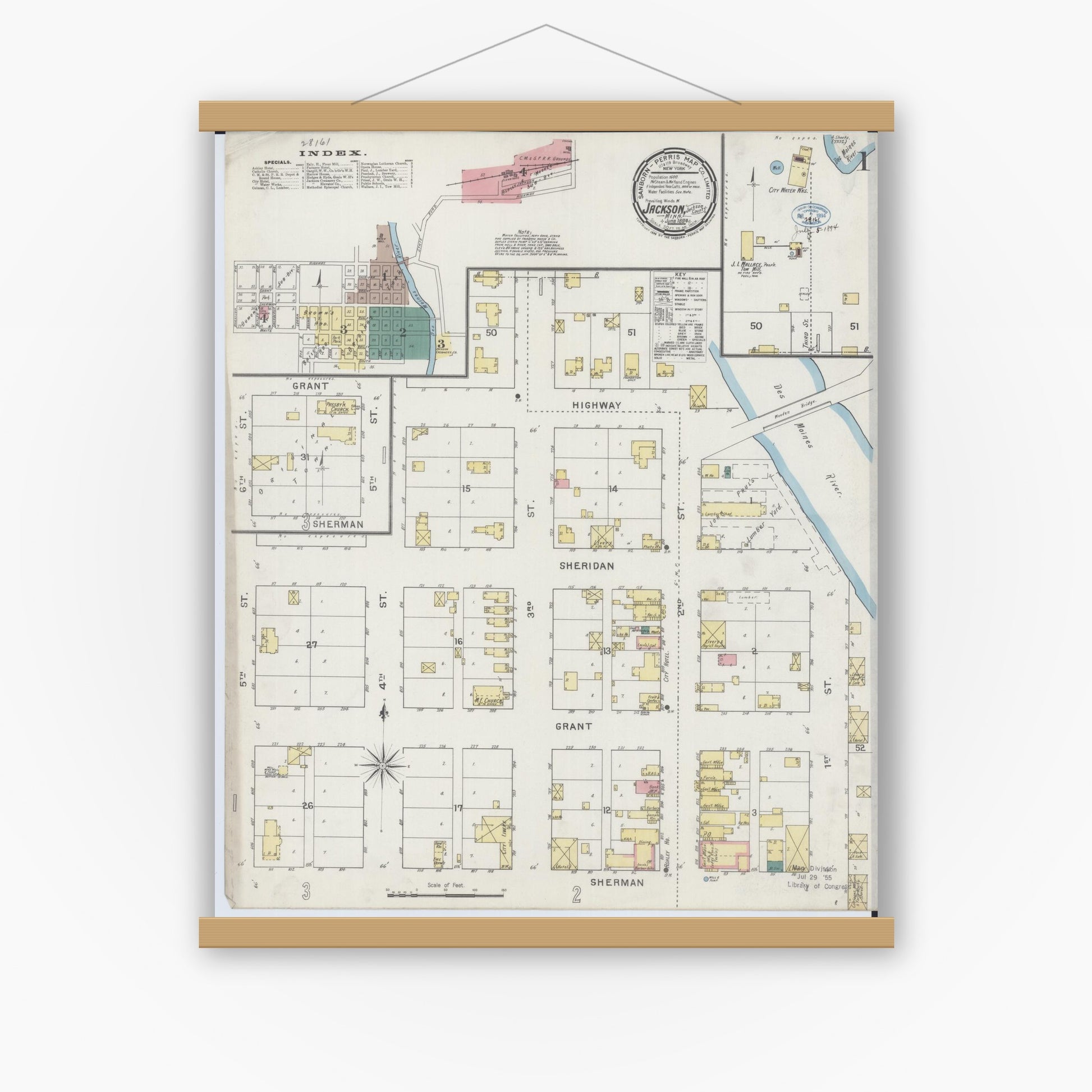 Old map wall art mockup — magnetic wood frame on white wall — Sanborn Fire Insurance Map from Jackson, Jackson County, Minnesota (1894) - Complete Map Set