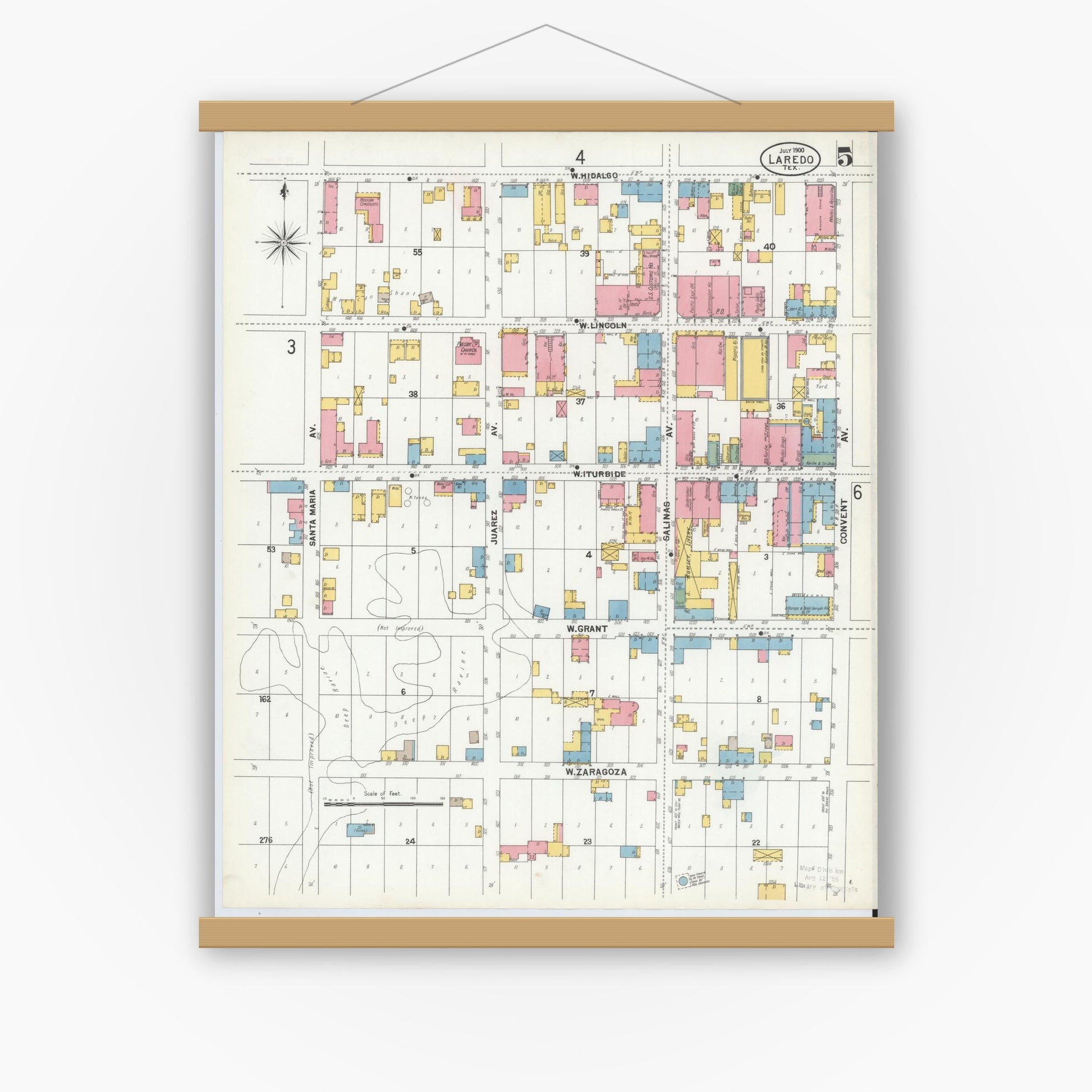 Old map wall art mockup — magnetic wood frame on white wall — Sanborn Fire Insurance Map from Laredo, Webb County, Texas (1900), Sheet #0005