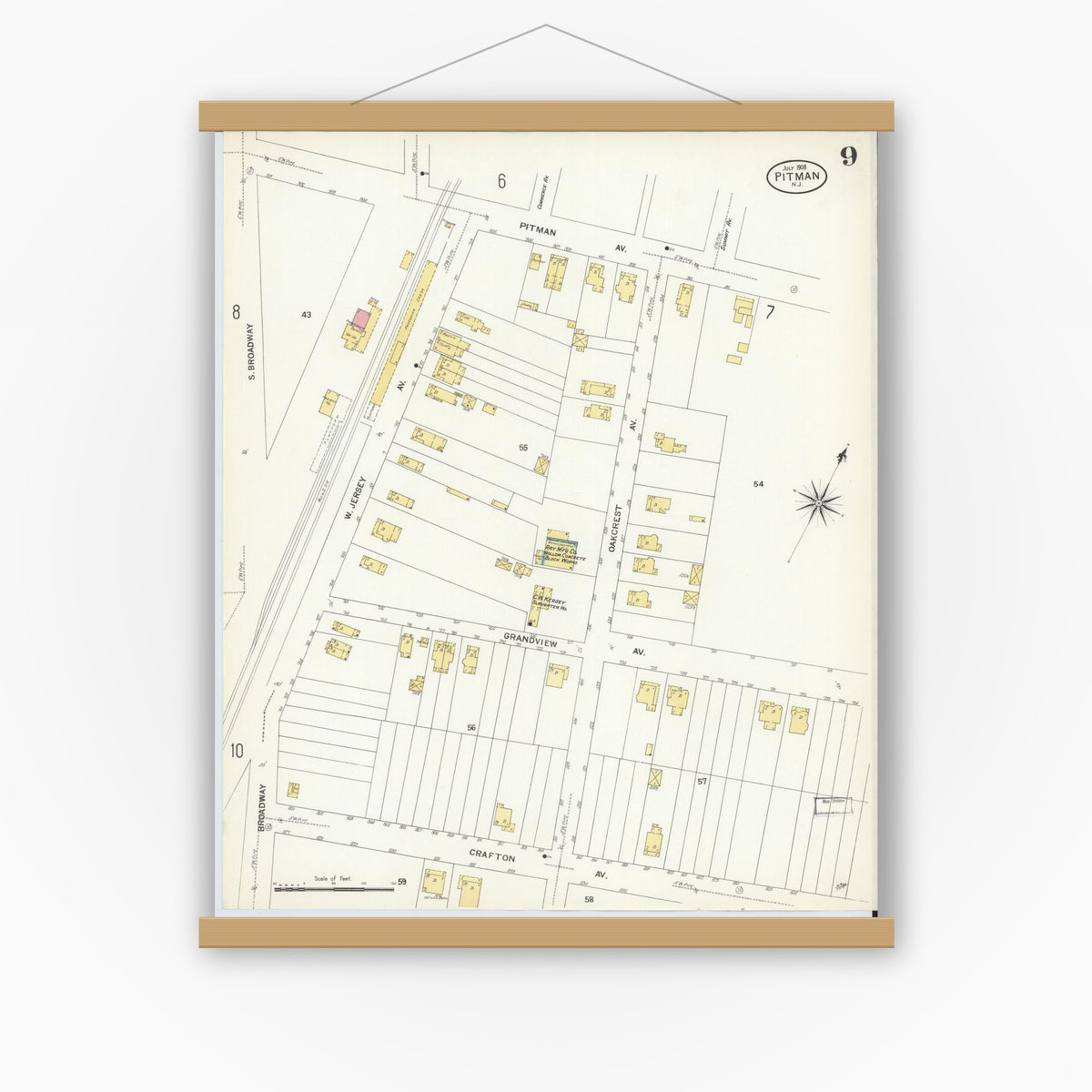 Old map wall art mockup — magnetic wood frame on white wall — Sanborn Fire Insurance Map from Pitman, Gloucester County, New Jersey (1908), Sheet #0009