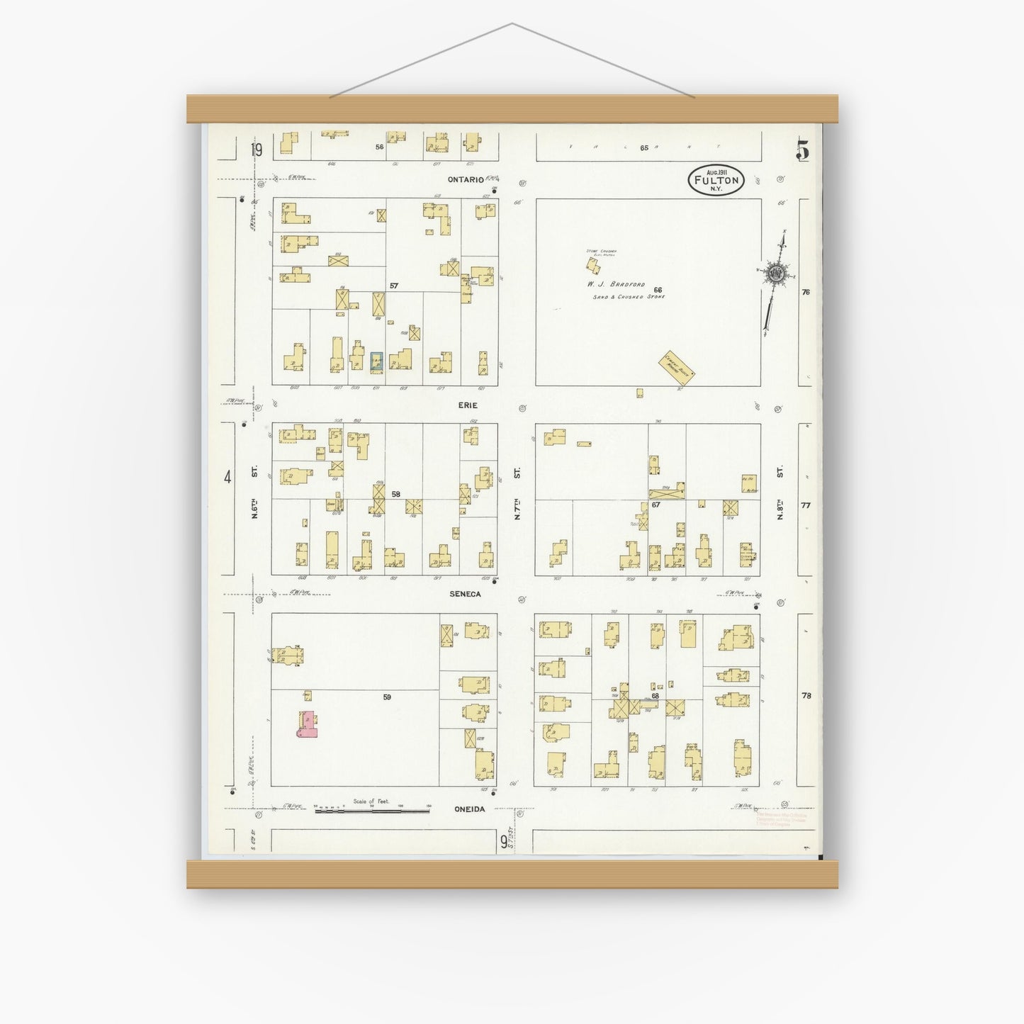 Old map wall art mockup — magnetic wood frame on white wall — Sanborn Fire Insurance Map from Fulton, Oswego County, New York (1911), Sheet #0005