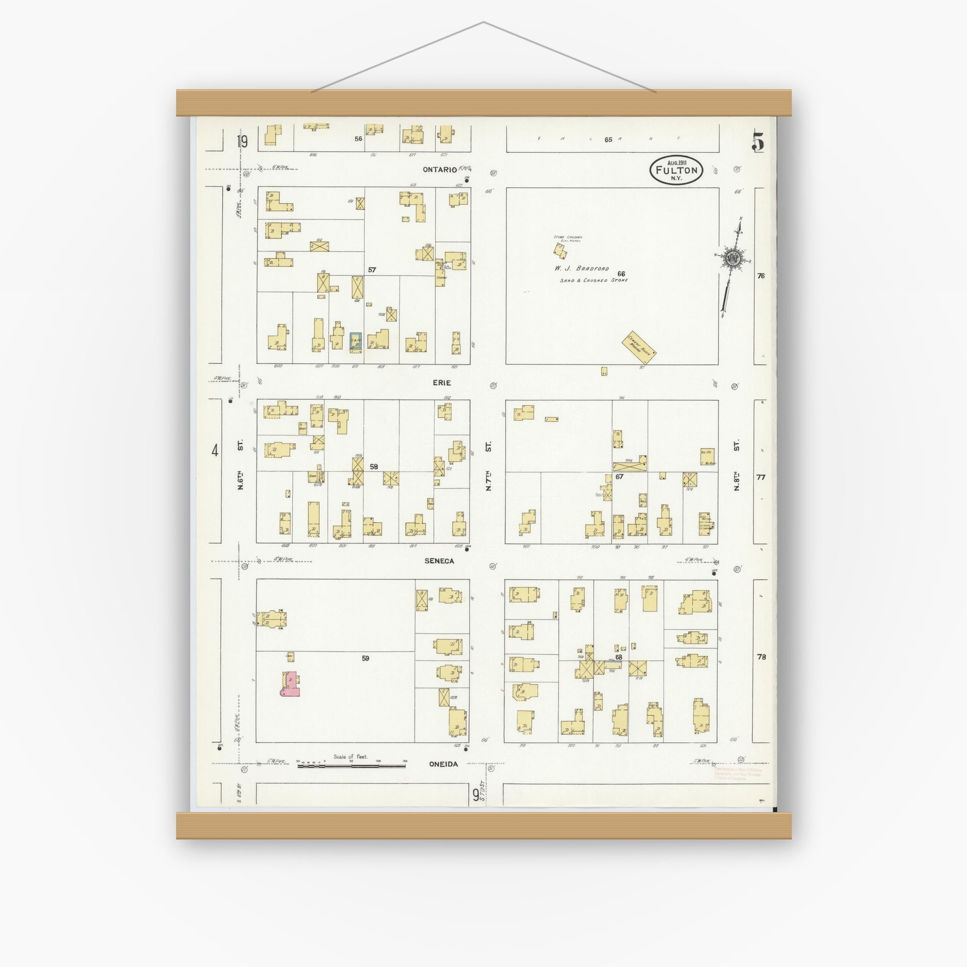 Old map wall art mockup — magnetic wood frame on white wall — Sanborn Fire Insurance Map from Fulton, Oswego County, New York (1911), Sheet #0005