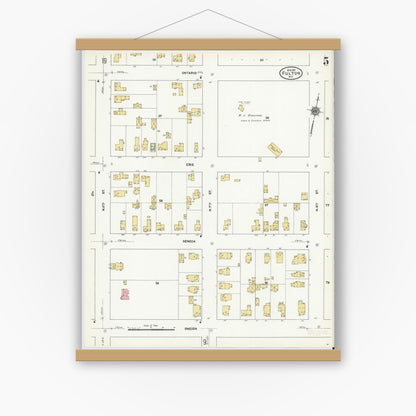 Old map wall art mockup — magnetic wood frame on white wall — Sanborn Fire Insurance Map from Fulton, Oswego County, New York (1911), Sheet #0005