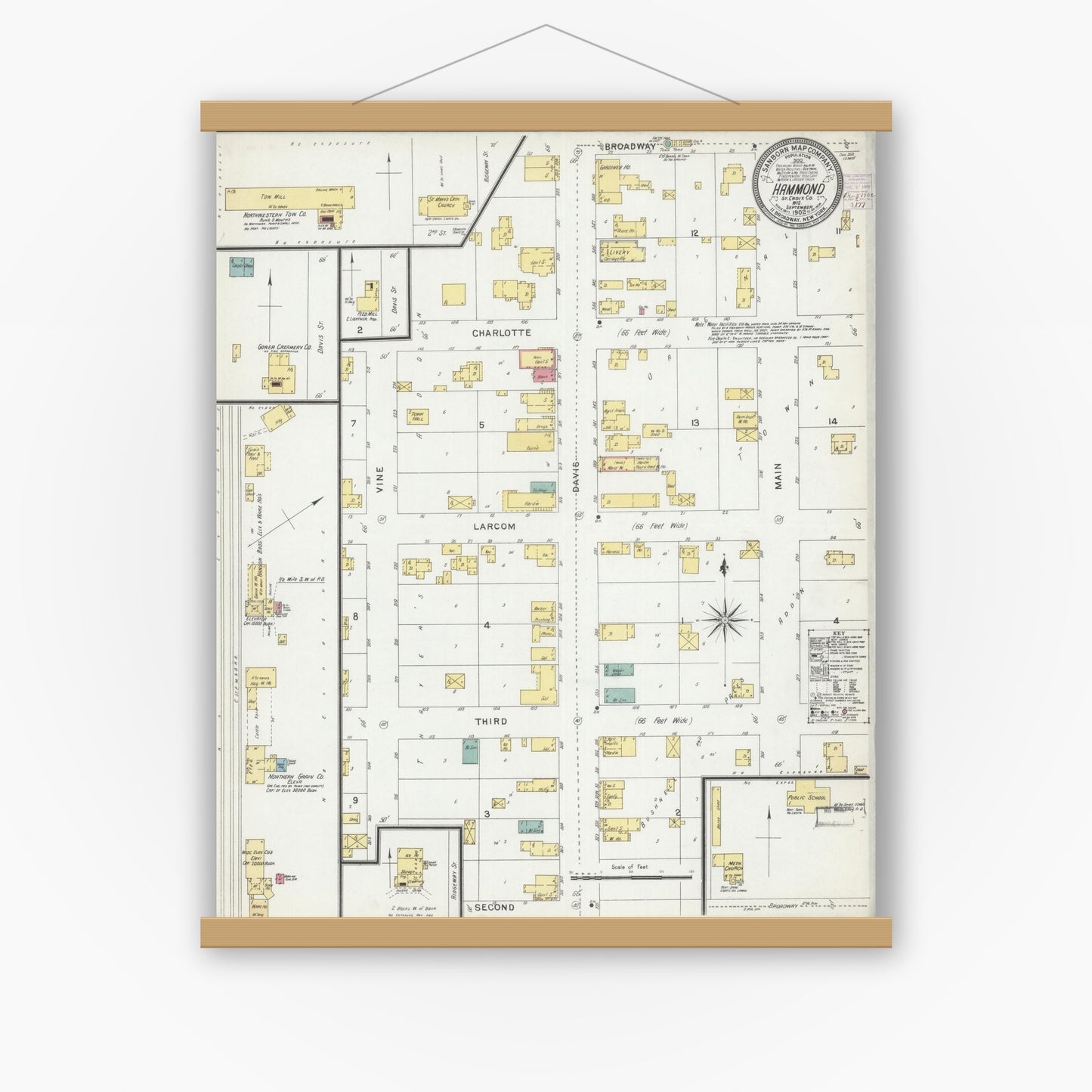 Old map wall art mockup — magnetic wood frame on white wall — Sanborn Fire Insurance Map from Hammond, St. Croix County, Wisconsin (1902), Sheet #0001