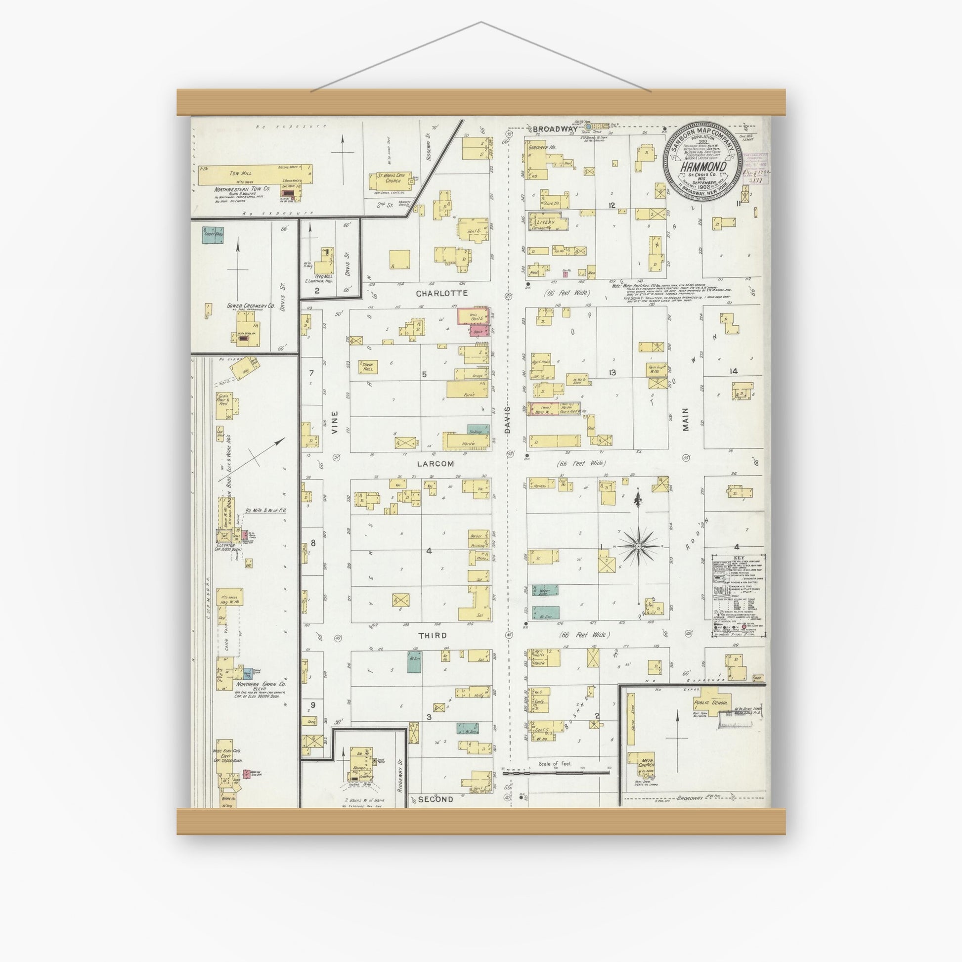 Old map wall art mockup — magnetic wood frame on white wall — Sanborn Fire Insurance Map from Hammond, St. Croix County, Wisconsin (1902), Sheet #0001