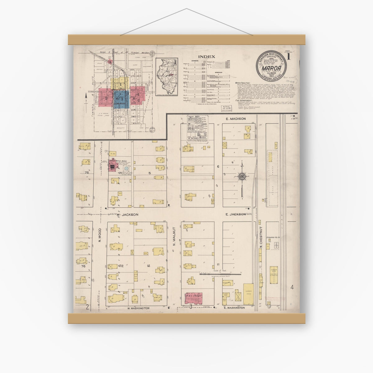Old map wall art mockup — magnetic wood frame on white wall — Sanborn Fire Insurance Map from Maroa, Macon County, Illinois (1922) - Complete Map Set