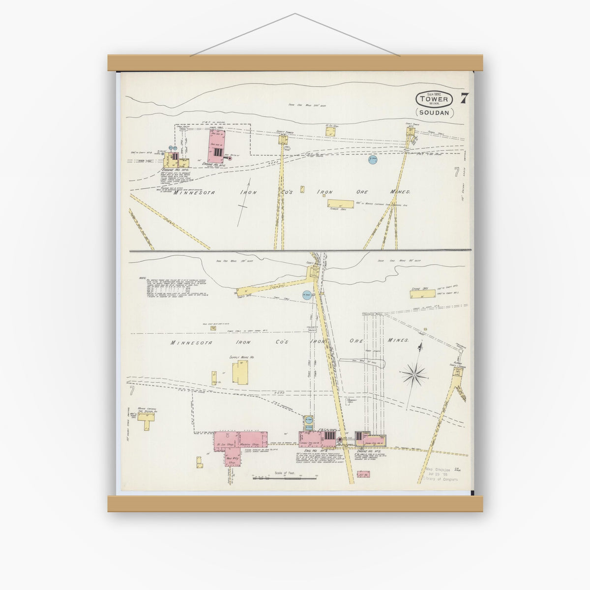 Old map wall art mockup — magnetic wood frame on white wall — Sanborn Fire Insurance Map from Tower, Saint Louis County, Minnesota (1892), Sheet #0007