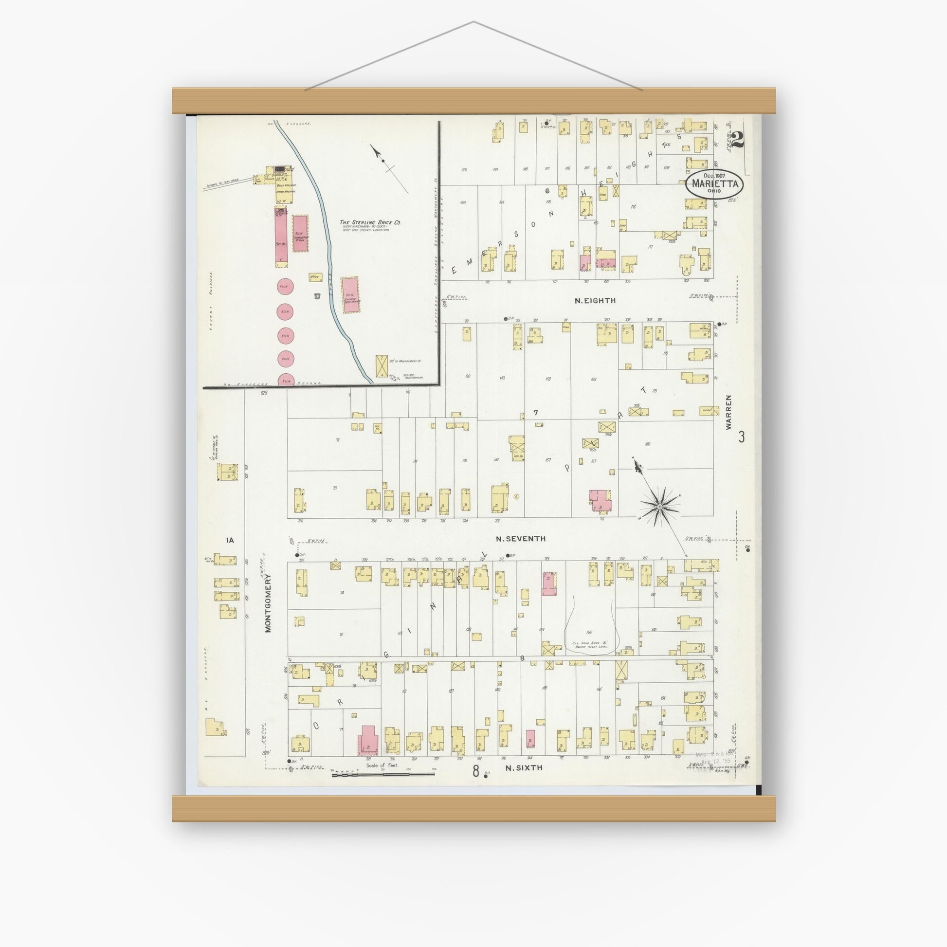 Old map wall art mockup — magnetic wood frame on white wall — Sanborn Fire Insurance Map from Marietta, Washington County, Ohio (1907), Sheet #0002