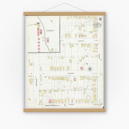 Old map wall art mockup — magnetic wood frame on white wall — Sanborn Fire Insurance Map from Marietta, Washington County, Ohio (1907), Sheet #0002