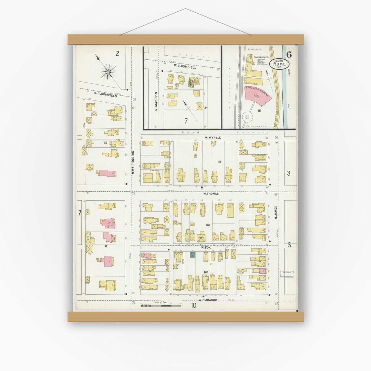 Old map wall art mockup — magnetic wood frame on white wall — Sanborn Fire Insurance Map from Rome, Oneida County, New York (1899), Sheet #0006